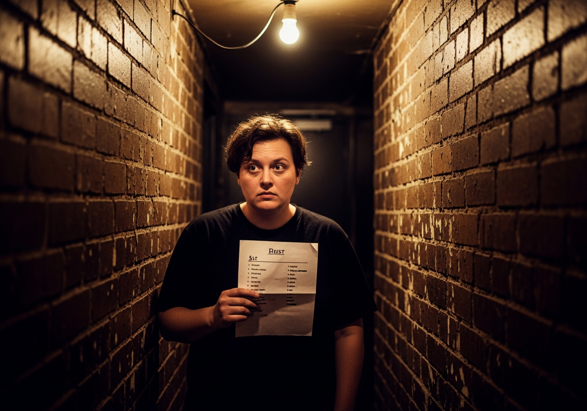 Comedian backstage checking their phone before a set