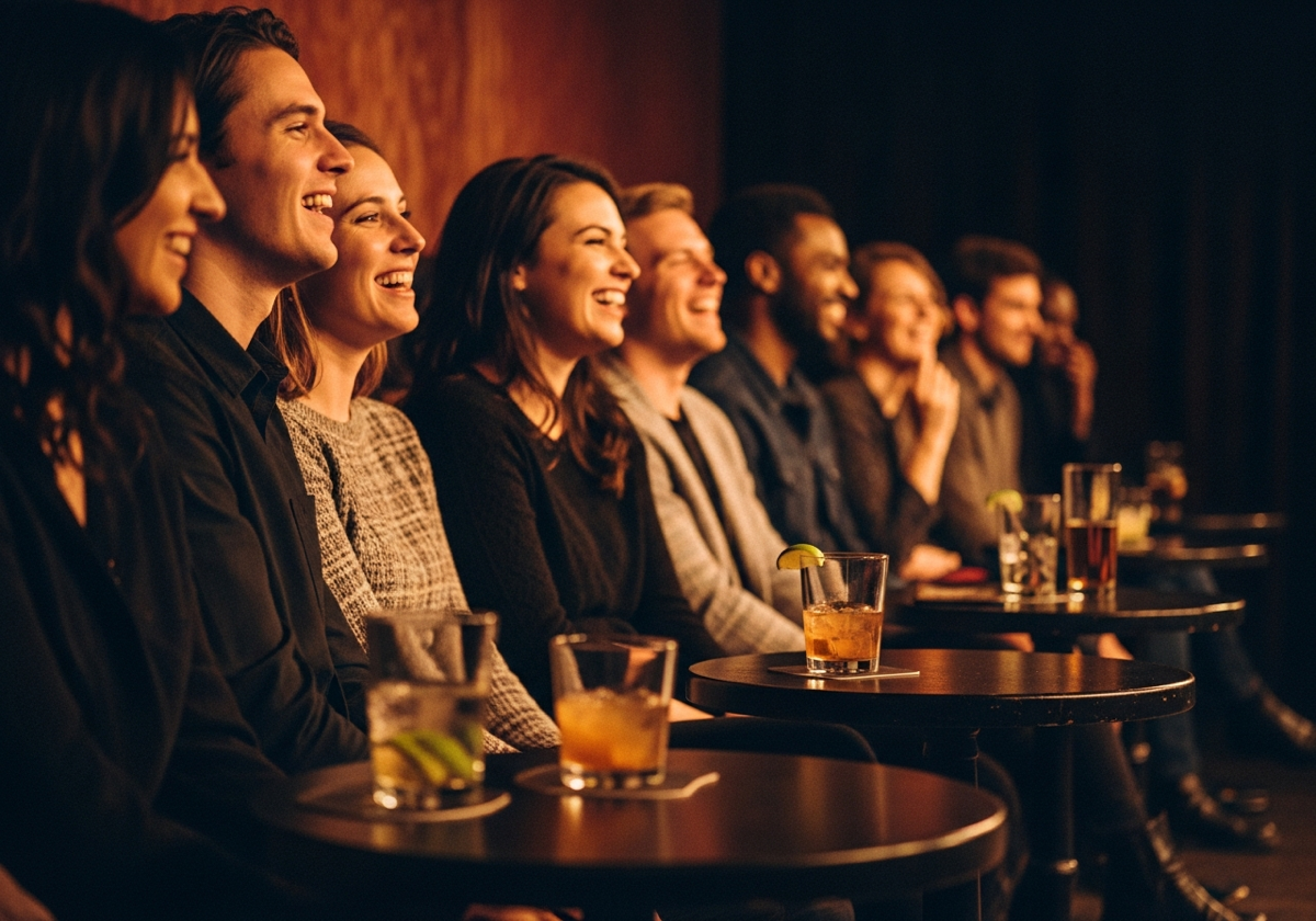 Crowd in a dark club, phones lighting up in the dark